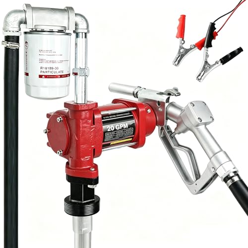 12V DC 20GPM Fuel Transfer Pump with Manual Nozzle & Hose Kit for Gasoline Diesel with Particulate Filter Red