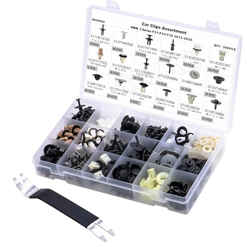 Rexka 370pcs for BMW & Mini Clip Assortment-Underhood, Interior, Exterior Body Fasteners - 3 Series F31 F34 F35-51418224768, 51477117532, 07147201307, 51489119216 - Expanding Rivets, Nuts, Trim Clips - color: Black