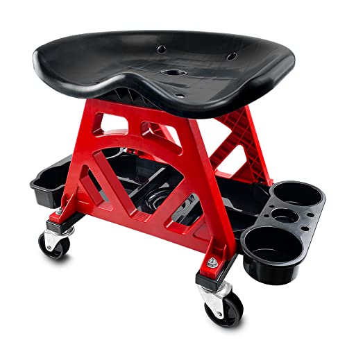 Durable Mechanic Stool Chair with Wheels, Heavy Duty Garage Shop Stool On Wheels, Rolling Stool Car Detailing Creeper Seat with Tool Tray for Workshop, Auto Repair Shop and Home