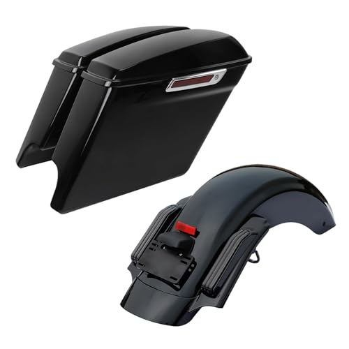 TCT-MOTORPARTS 5" Stretched Saddlebags & Rear Fender Fit for Harley Touring 2014-2024 Road King CVO Street Electra Ultra-Classic Vivid Black - color: Smoked Led Fender+Saddlebag w/ Soild Lids, size: Fit for 2014-Later Touring Models