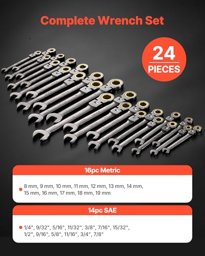 VEVOR 24-piece Ratcheting Wrench Set with 180° Flex Head, Anti-Slip Tooth, Combination Wrench Sets with Organizer Box, Metric 8-19mm & SAE 1/4-7/8", Nickel Plating - color: Nickel Plating 24pcs, size: Metric&SAE
