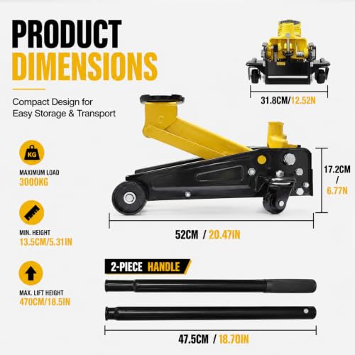 3 Ton Low Profile Hydraulic Floor Jack, Single Piston Heavy Duty Steel Car Jack, 6000LBS, Lift Range 5.3" to 18.5", for Sedan, SUV, MPV and Standard Pickup, Garage Tire Repair - size: 3T
