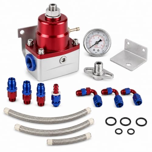 EFI Fuel Pressure Regulator 6AN Fittings and PTFE Braided Hose Bypass Return Adjustable (30-70PSI) (Blue+Red) - color: Blue+Red