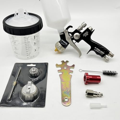 Automotive Air Paint Sprayer Gun Kit, 1.3mm HVLP Spray Gun and 1.7mm Nozzles Needle Cap with 600cc Disposable Cup for Car Primer, Topcoat & Touch-Up, Furniture Painting.