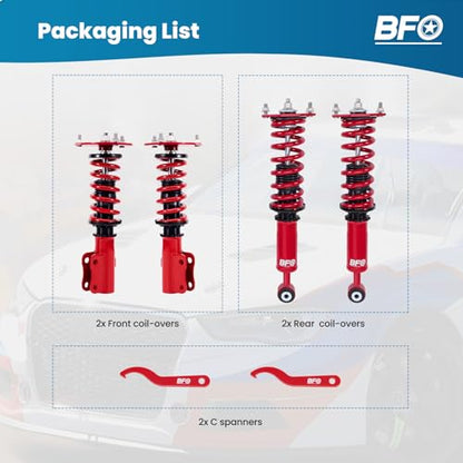 BFO Coilovers for Mitsubishi 3000GT FWD 1991-1999, for Dodge Stealth FWD 1991-1996, Height Adjustable Coilovers Suspension Kit, Preset Damping Shock Absorber Struts, Lowering Kit Red