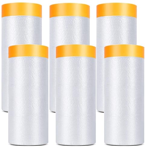 Painters Plastic With Tape, Pre-Taped Masking Film, 6 Rolls Automotive Best Tape and Drape, Paint Adhesive Protective Film Roll for Covering Skirting, Frames, Cars and Auto Body (5 X 65-Feet) (6)