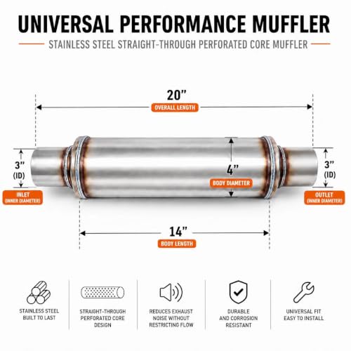 3 inch Inlet and Outlet stainless steel straight-Through Perforated Core Universal Performance Muffler,Fit for All Cars and Trucks - Deep Low Exhaust Tone - size: 3in