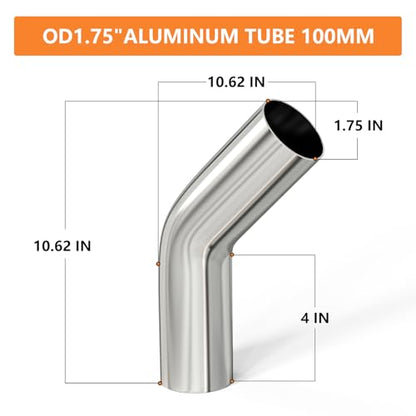 GASHER 2PCS 45 Degree Aluminum Alloy Tube Intercooler Pipe Air Intake Tube 1.75"OD, Leg Length 4" (100mm) - color: 45 degree, size: 1.75"OD (2 PCS)