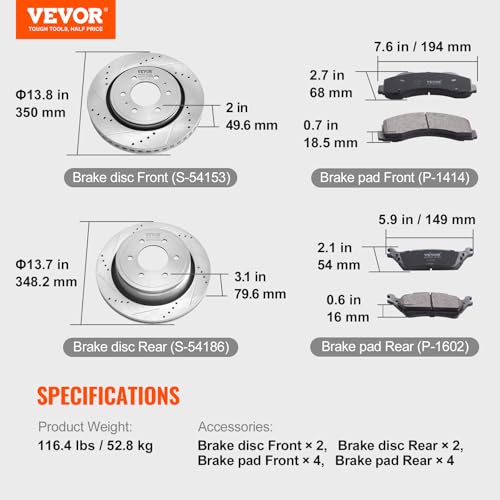 VEVOR Brake Kit Front and Rear, Compatible with 2012-2020 Ford F-150 (MPB only), Drilled and Slotted Brake Rotors Ceramic Brake Pads Replacement, 13.8" Front Rotors 13.7" Rear Rotors - size: S-54153 + S-54186