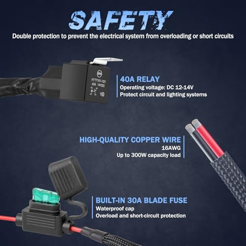 Wiring Harness 1 Lead, Fastchoy Auto 12v Nylon Led Light Bar Wiring Harness Kit with 40A Relay Fuse Rocker Switch for Light Bar Fog Lights Off Road Auxiliary Lights Wire Harness Kit for Truck UTV ATV - style: 1 Lead