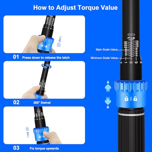 10-170FT 1/2'' Torque Wrench Socket Set, 17mm 19mm 21mm Wheel Sockets with 3/8" Drive Adapter and Extension Bar 72 Tooth, High Accuracy Laser Marking Scale for Auto Motorcycle Repair - size: 1/2" 10-170 FT.LB - 6 Pcs