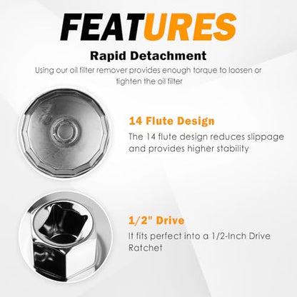 64mm to 65mm Oil Filter Wrench with 14 Flute,Heavy Duty Oil Filter Removal Tool Compatible with Acura Nissan Xterra Honda,1/2" Drive Oils Filters Tool Automotive Tools