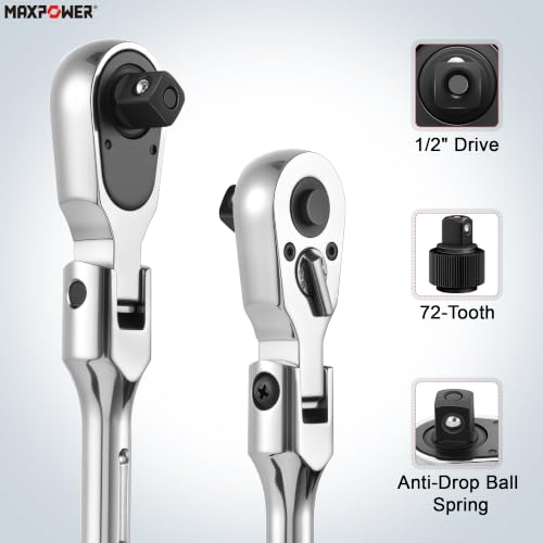 MAXPOWER 1/2" Drive Flex Head Ratchet, Extendable 12.6"-18.1", Soft Grip - size: 1/2"