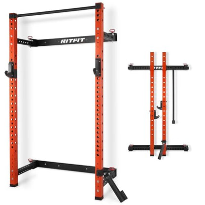 RitFit 2.36'' x 2.36'' Folding Squat Rack for Home Gym, Wall Mounted Squat Rack with Attachments - Space Saving Squat Power Rack - color: Orange, style: Folding Squat Rack