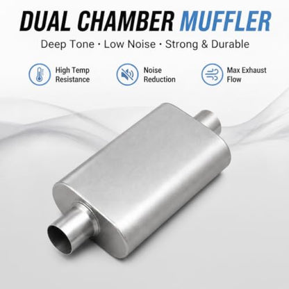 Universal 2.5" ID Center/Center Dual Chamber Muffler - Aggressive Deep Sound, Silver Aluminized Steel, Welded/Clamp-On (17" Total Length) - color: Silver, size: 2.5 Inch