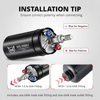 EVIL ENERGY 300 LPH Inline Fuel Pump Kit with 10FT 6AN PTFE Fuel Line
