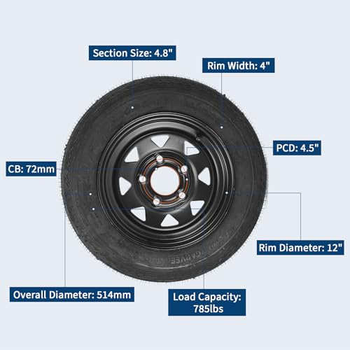 GarveeTech 2-Pack Trailer Tire On Rim 4.80-12 480-12 4.80x12 Trailer Tires and 5 Lug on 4.5 in PCD 12 in Wheels 6PR Black - size: 4.80-12