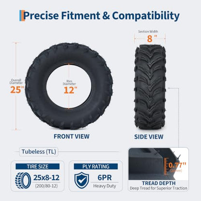 Garvee ATV Tires/UTV Tires, 25x8x12 ATV Tire(200/80-12) TL, 6PR Four Wheeler Tires Set 2,Trail Mud Sand Off-Road Sport Tires,Tubeless - size: 25X8.00-12
