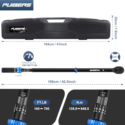 High Torque Wrench 3/4 Inch 100-700 ft, 3/4 Torque Wrench for Car, Truck, Tractor, Accuracy ± 3% Two Directions Adjustable 48 Teeth Precision Instruments Wrenches - size: 3/4" 100-700 FT.LB