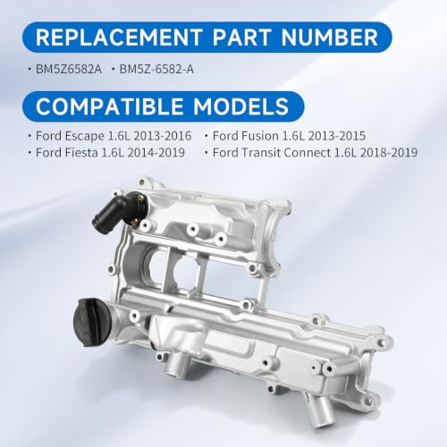 BM5Z6582A 1.6L Aluminum Engine Valve Cover with Gasket Compatible with 2013-2016 Ford Escape, 2014-2019 Fiesta, 2013-2015 Fusion, Transit Connect 2018-2019, Replace BM5Z-6582-A