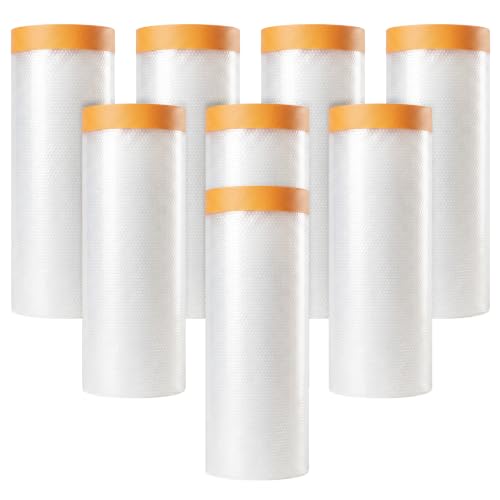 8 Rolls Painters Plastic with Tape (5 X 65-Feet) Pre-Taped Masking Film Automotive Best Tape and Drape Paint Adhesive Protective Film Roll for Covering Skirting, Frames, Cars and Auto Body