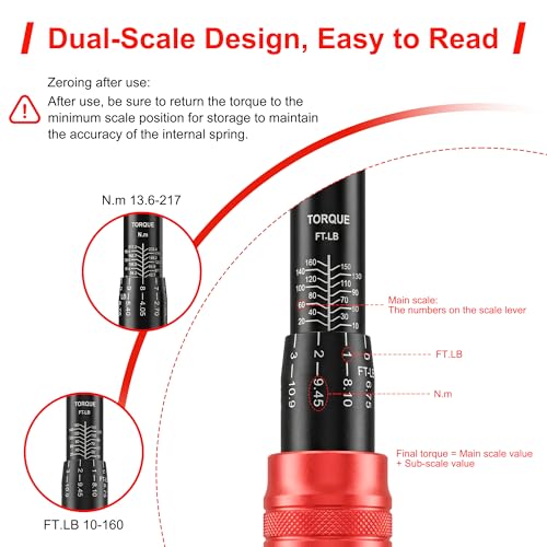 1/2" Drive Click Torque Wrench,10-160 FT.lb,±3% Precision 72-Tooth Dual Direction Dual Range Scale, for Car Bike Moto Repair
