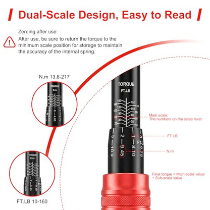 1/2" Drive Click Torque Wrench,10-160 FT.lb,±3% Precision 72-Tooth Dual Direction Dual Range Scale, for Car Bike Moto Repair