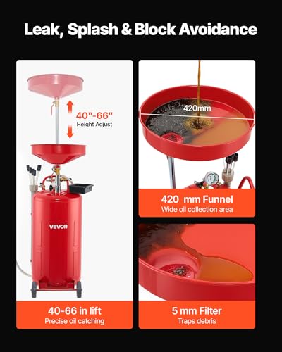 VEVOR 21 Gallon Waste Oil Drain Tank, Air Operated Portable Oil Drainer with Adjustable Funnel Height, Industrial Fluid Drain Tank with Wheels, Fluid Fuel Transfer Drainage for Auto Repair Shops, Red - size: 20.1 x 20.1 x 66.1 in