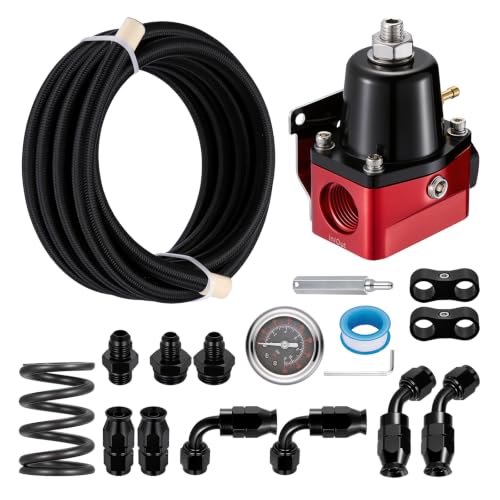 EVIL ENERGY EFI Fuel Pressure Regulator Kit Adjustable (20-120PSI) with Gauge 6AN PTFE Fuel Line Hose Fitting Connectors Kit Universal Aluminum (Red) - color: Red