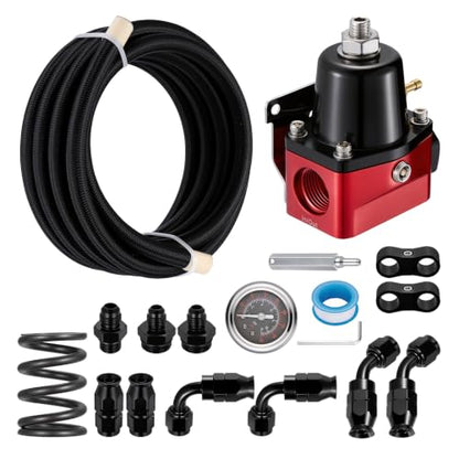 EVIL ENERGY EFI Fuel Pressure Regulator Kit Adjustable (20-120PSI) with Gauge 6AN PTFE Fuel Line Hose Fitting Connectors Kit Universal Aluminum (Red) - color: Red