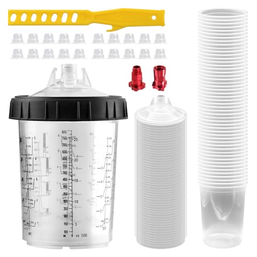 Disposable Paint Spray Gun Cup System Kit – 27oz (800ml) Automotive Paint Cup with 50 Disposable Liners and Lids, 1 Hard Cup with Retainer Ring & 10 Plugs, Mixing & Storage Cup for HVLP Paint Sprayers - size: 800ml/27oz