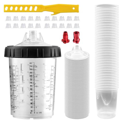 Disposable Paint Spray Gun Cup System Kit – 27oz (800ml) Automotive Paint Cup with 50 Disposable Liners and Lids, 1 Hard Cup with Retainer Ring & 10 Plugs, Mixing & Storage Cup for HVLP Paint Sprayers - size: 800ml/27oz