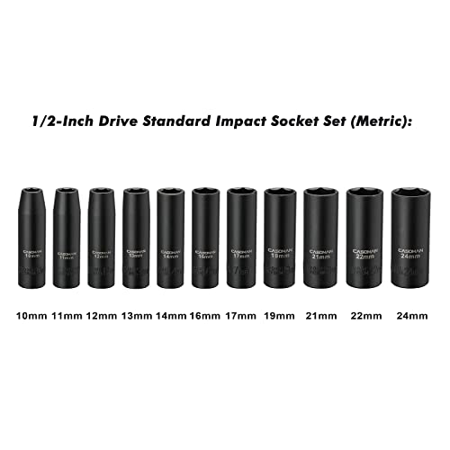 CASOMAN 11 Pieces 1/2-Inch Drive Deep Impact Socket Set, 6-Point, Metric, 10mm to 24mm - size: 10mm-24mm, Deep