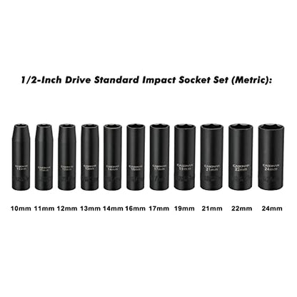 CASOMAN 11 Pieces 1/2-Inch Drive Deep Impact Socket Set, 6-Point, Metric, 10mm to 24mm - size: 10mm-24mm, Deep
