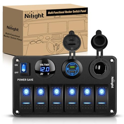 Nilight 6 Gang Rocker Switch Panel Toggle Power Control 12V 24V Pre-Wired - color: Power Control Blue