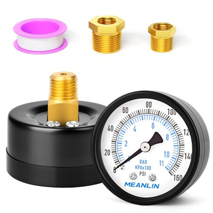 MEANLIN MEASURE 0-160Psi 2" DIAL FACE 1/4" NPT Well Pump Pressure Gauge, with 1/2" NPT and 3/8" NPT Hex Bushing, 3-2-3% Accuracy, Center Back Mount - color: 1/4"NPT Back Mount, size: 0-160Psi