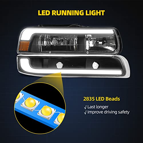 DWVO LED DRL Headlight Assembly Compatible with 1999-2002 Chevy Silverado - color: Black Amber