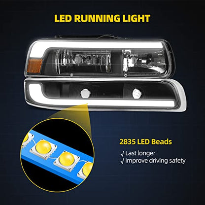 DWVO LED DRL Headlight Assembly Compatible with 1999-2002 Chevy Silverado - color: Black Amber