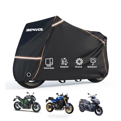 BENVOL 420D Heavy Duty Motorcycle Cover Waterproof Outdoor, 5000mm Rainproof Material Motorbike Cover with 2 Windproof Buckles, Lock Holes & Wide Reflective Strips, Anti-UV Sun Dust Protection - color: Black-XL(86.6*31.5*51)
