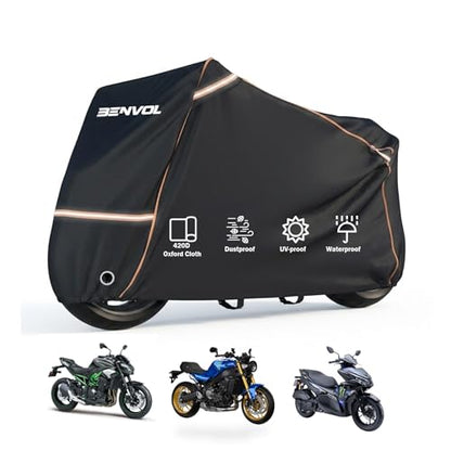 BENVOL 420D Heavy Duty Motorcycle Cover Waterproof Outdoor, 5000mm Rainproof Material Motorbike Cover with 2 Windproof Buckles, Lock Holes & Wide Reflective Strips, Anti-UV Sun Dust Protection - color: Black-XL(86.6*31.5*51)