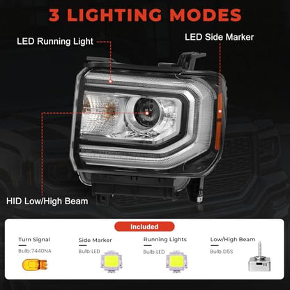 LH Xenon Headlight Assembly Compatible with GMC Sierra 1500 2016 2017 2018, HID Projector Headlamp with LED DRL & Chrome Housing - Replace GM2502453 84046790 84568272 (Left Driver Side, w/o D5S Bulb)