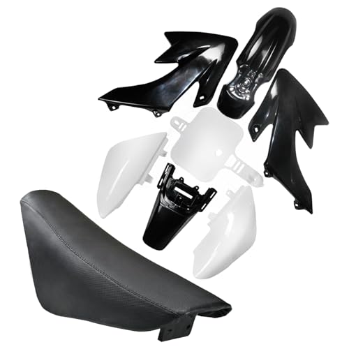 CRF50 Plastics Kit Pit Bike Parts Fairings Fenders + Black Seat for CRF 50 XR 50 XR50 SSR 110 SSR 125 Taotao DB14 Coolster 125cc Dirt Pit Bikes (Black+White) - color: Black+White