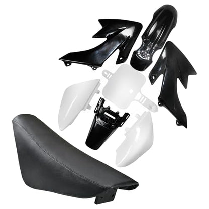 CRF50 Plastics Kit Pit Bike Parts Fairings Fenders + Black Seat for CRF 50 XR 50 XR50 SSR 110 SSR 125 Taotao DB14 Coolster 125cc Dirt Pit Bikes (Black+White) - color: Black+White