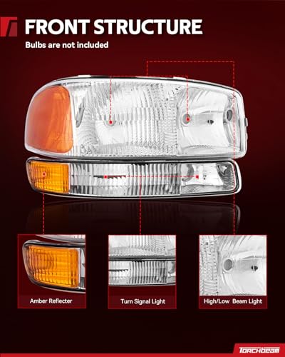 Torchbeam Headlights Assembly for 1999-2006 GMC Sierra 1500 4.8L/5.3L/4.3L - color: Chrome-Amber/for 1999-2006 GMC Sierra 1500