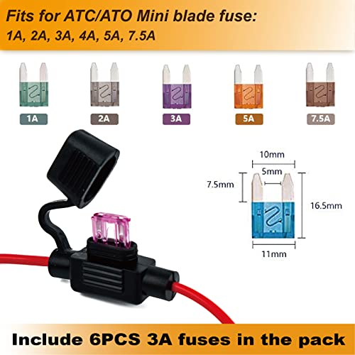 VANSIHO 18AWG Inline Fuse Holder Kits-6 Pack 18 Guage awg with 6pcs 3A Blade Mini fuse/12pcs 3:1 Heat Shrink Butt Connectors