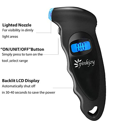 PINKJOY Digital Tire Pressure Gauge 150 PSI, 4 Settings, Tire Gauge for Car, Truck, Motorcycle, Bicycle with Backlit LCD and Non-Slip Grip (Black) - color: Black 1 Pack