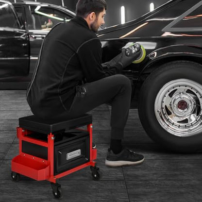 M-AUTO Mechanic Stool Garage Rolling Tool Chest Seat w/Drawer & Tray, 350LBS Capacity Multi-Function Adjustable Height Mechanic Creeper Seat for Projects Inside The Garage and Workshop, Red - size: 16"