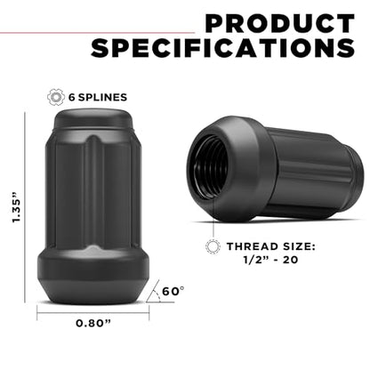 White Knight 3804MBT-20AM 1/2"-20 Matte Black 6 Spline Lug Nut with Key, 20 Pack (for AFTERMARKET Wheels with Smaller 0.80" Diameter Seating) - color: Matte Black