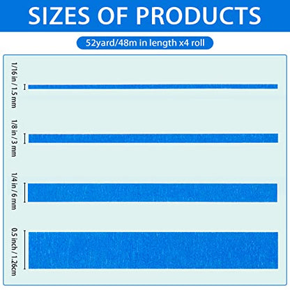 QDiShi 4 Rolls Fine Line Tape(Blue), Fineline Masking Tape in 1/16, 1/8, 1/4 and 1/2 Inch Wide x 52 Yard Long, Automotive Masking Tape for DIY Car Auto Paint Art - color: Blue