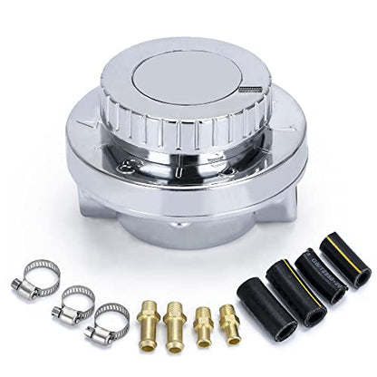Manual Adjustable Fuel Pressure Regulator Kit, Chrome Silver with Gold Fittings, Includes Hose Clamps and Heat Shrink Sleeves for Carburettor Systems